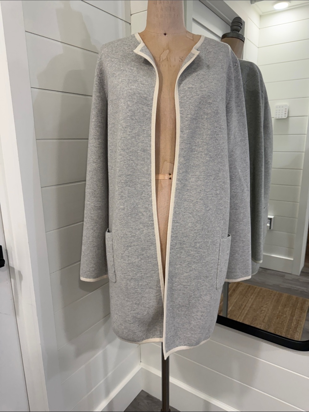 The White Company Gray Open-Front Cardigan with Cream Trim